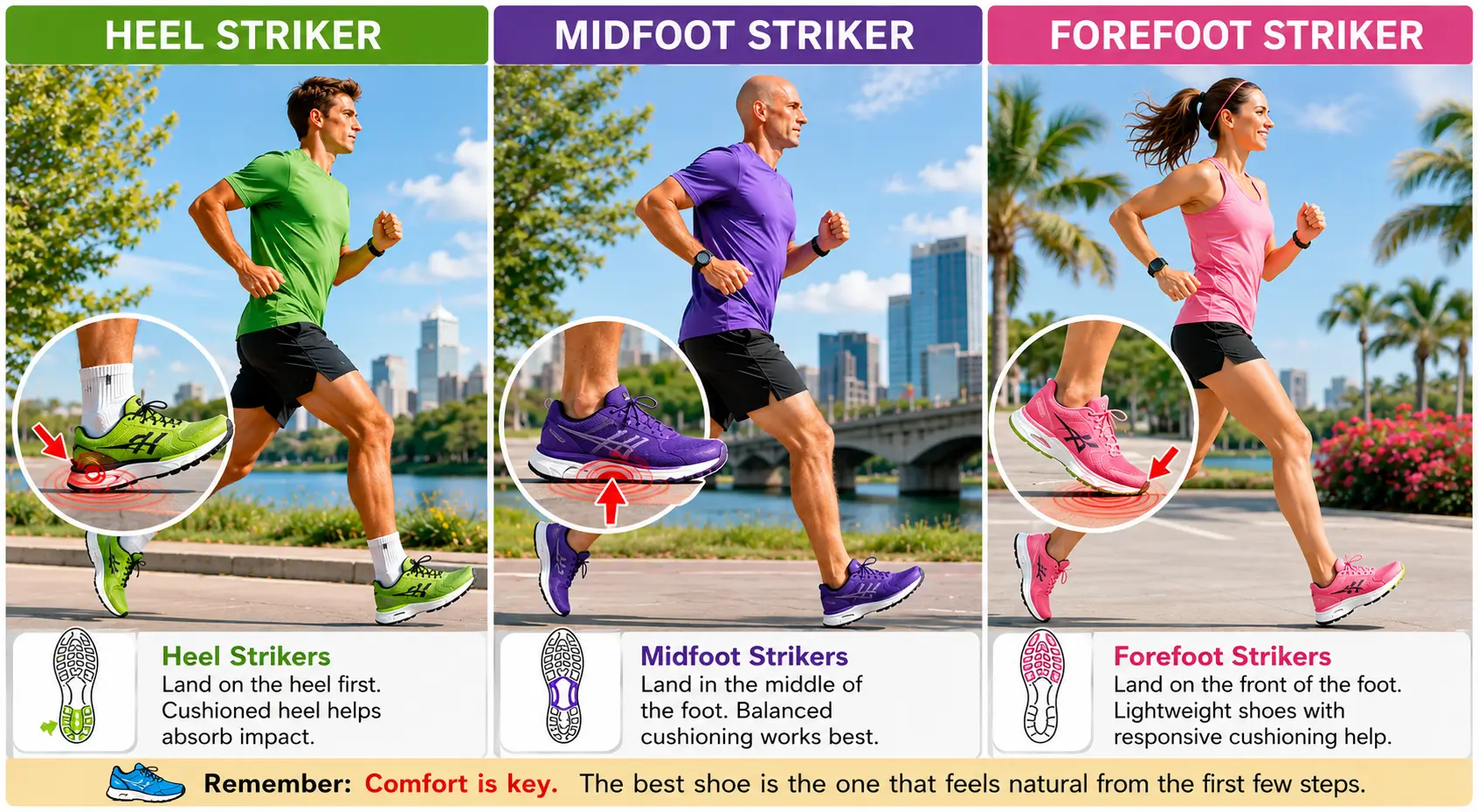 Illustration comparing heel strike, midfoot strike, and forefoot strike running styles