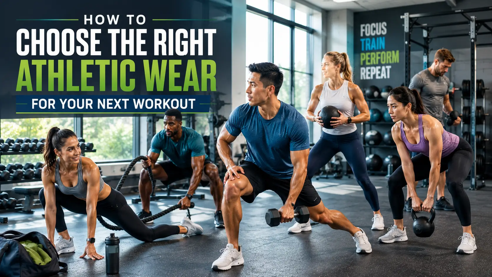 A diverse group of athletes training in a modern fitness facility wearing coordinated performance apparel including moisture-wicking shirts, shorts, leggings, and training shoes.